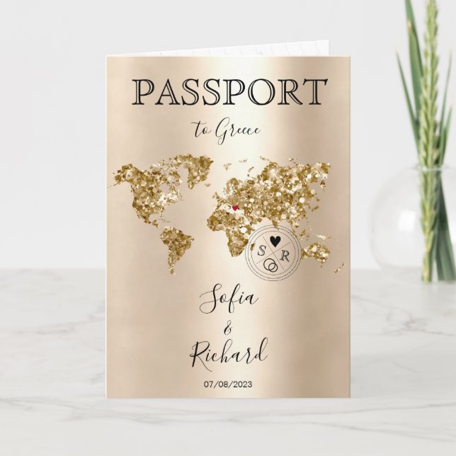 Invitación Boda Pasaporte de Destino Gold World Map Grecia (Anverso)