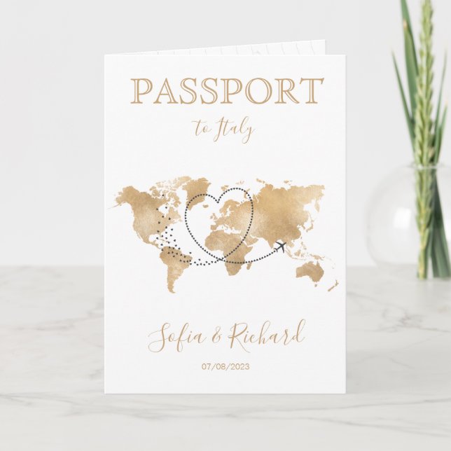 Invitación Boda Pasaporte de Destino Gold World Map Invita (Anverso)