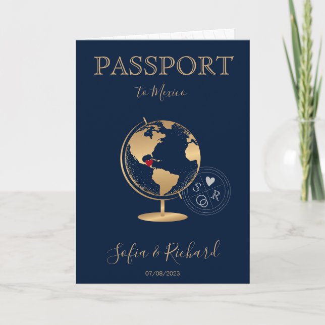 Invitación Boda Pasaporte de Destino Gold World Map Invita (Anverso)
