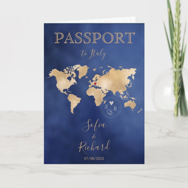 Invitación Boda Pasaporte de Destino Gold World Map Invita (Anverso)