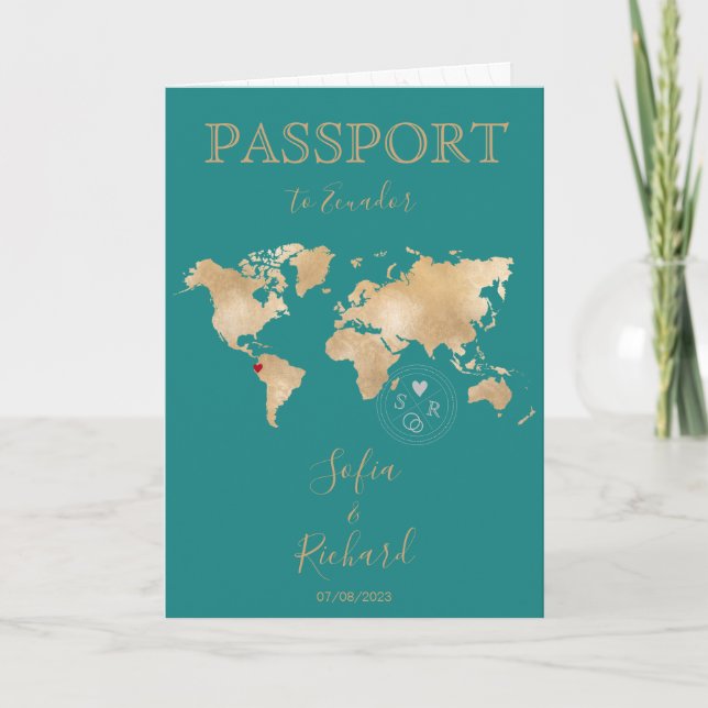 Invitación Boda Pasaporte de Destino Gold World Map Invita (Anverso)