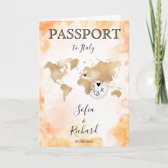 Invitación Boda Pasaporte de Destino Gold World Map Invita (Anverso)