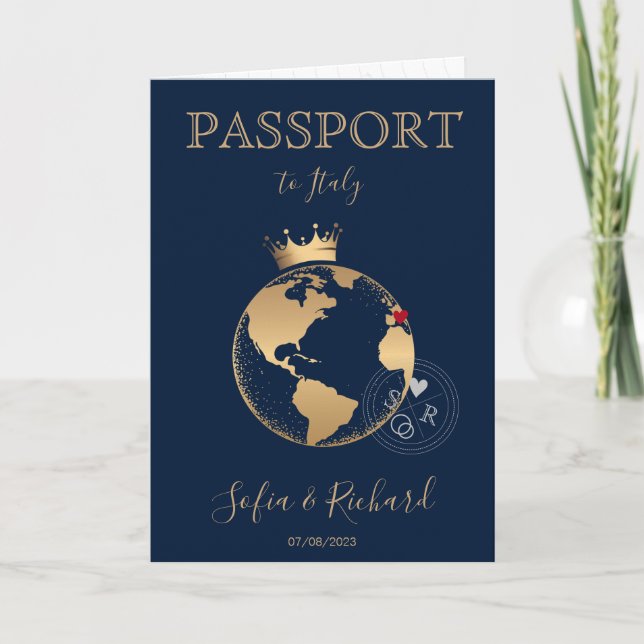 Invitación Boda Pasaporte de Destino Gold World Map Invita (Anverso)