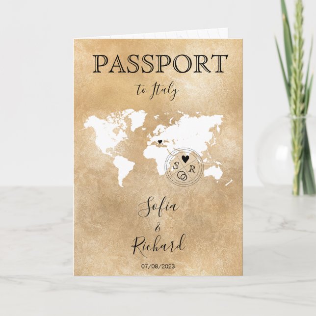 Invitación Boda Pasaporte de Destino Gold World Map Invita (Anverso)