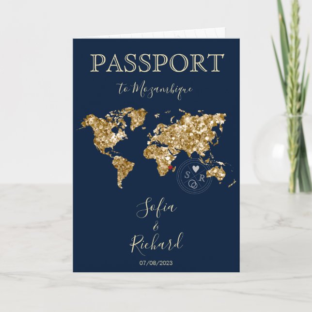 Invitación Boda Pasaporte de Destino Gold World Map Invita (Anverso)