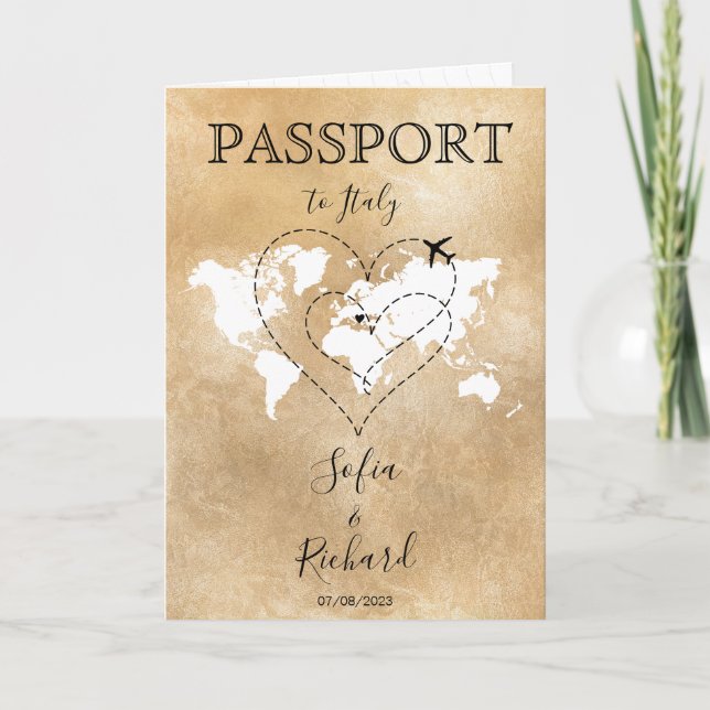 Invitación Boda Pasaporte de Destino Gold World Map Invita (Anverso)