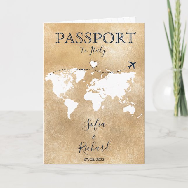 Invitación Boda Pasaporte de Destino Gold World Map Invita (Anverso)