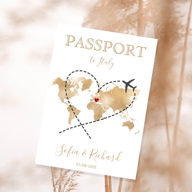 Invitación Boda Pasaporte de Destino Gold World Map Invita (Standard Size)