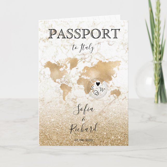 Invitación Boda Pasaporte de Destino Gold World Map Invita (Anverso)