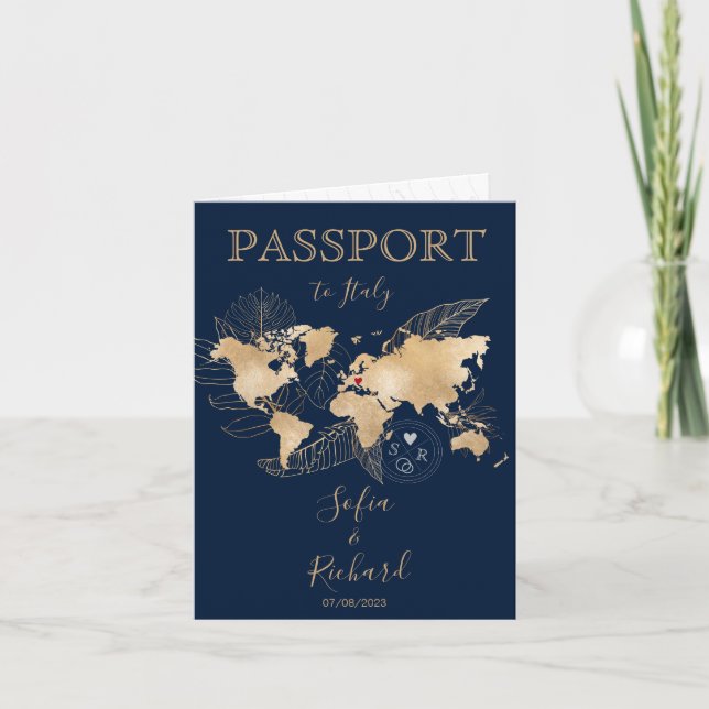 Invitación Boda Pasaporte de Destino Gold World Map Invita (Anverso)