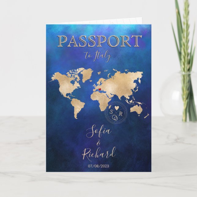Invitación Boda Pasaporte de Destino Gold World Map Invita (Anverso)
