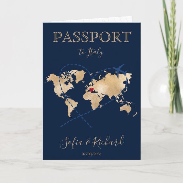 Invitación Boda Pasaporte de Destino Gold World Map Invita (Anverso)