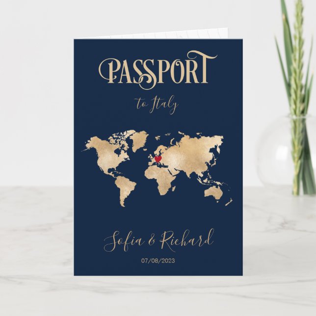 Invitación Boda Pasaporte de Destino Gold World Map Italia (Anverso)