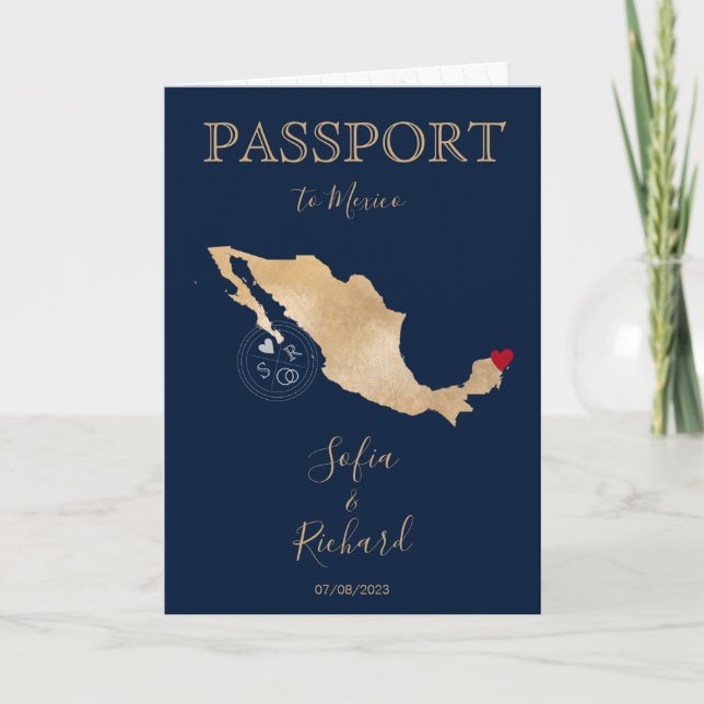 Invitación Boda Pasaporte de Destino Gold World Map México (Anverso)