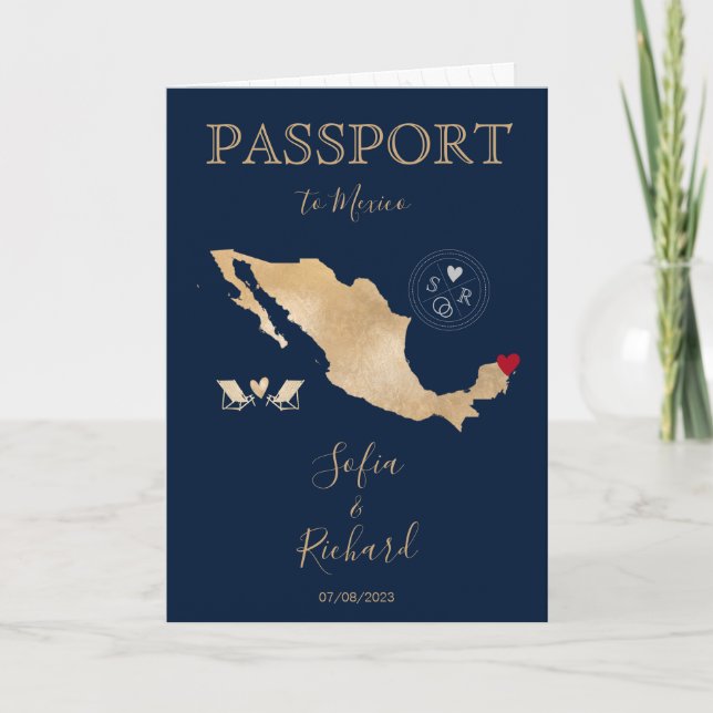 Invitación Boda Pasaporte de Destino Gold World Map México (Anverso)