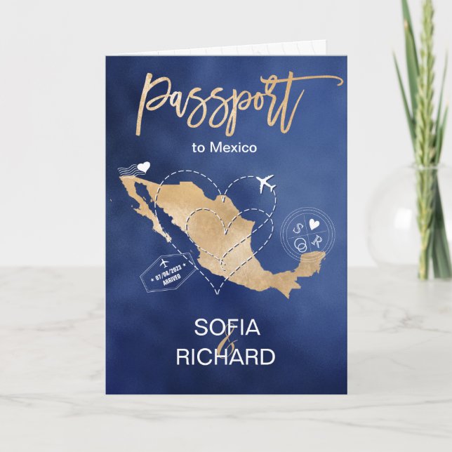 Invitación Boda Pasaporte de Destino Gold World Map México (Anverso)