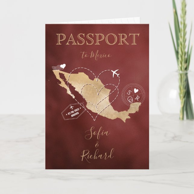 Invitación Boda Pasaporte de Destino Gold World Map México (Anverso)