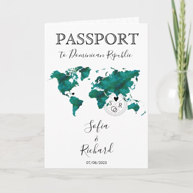 Invitación Boda Pasaporte de destino Green World Map Peach (Anverso)