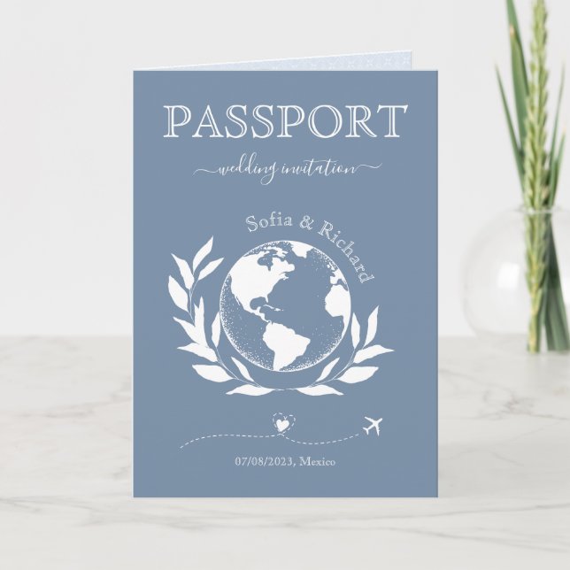 Invitación Boda Pasaporte de Destino Mapa Mundial Azul Floral (Anverso)