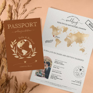Invitación Boda Pasaporte de Destino Mapa Mundial Azul Floral
