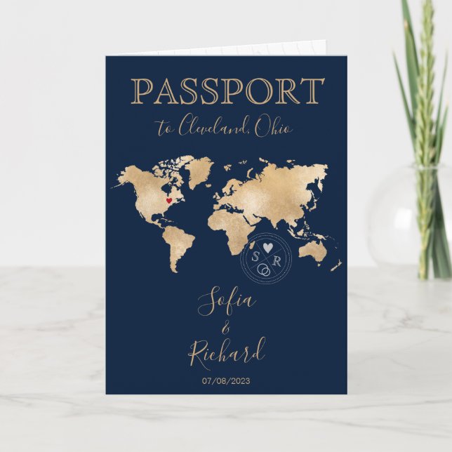 Invitación Boda Pasaporte de Destino Mapa Mundial Cleveland (Anverso)