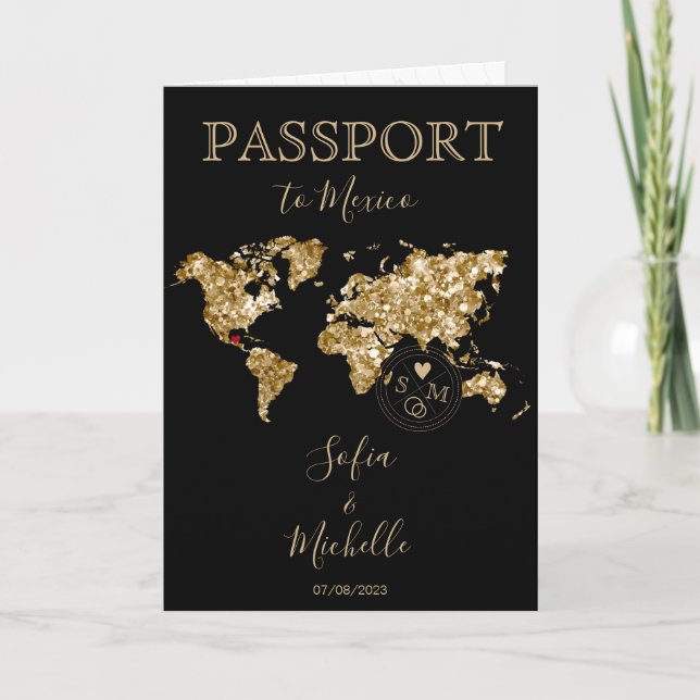 Invitación Boda Pasaporte de destino Mapa mundial de dos novi (Anverso)