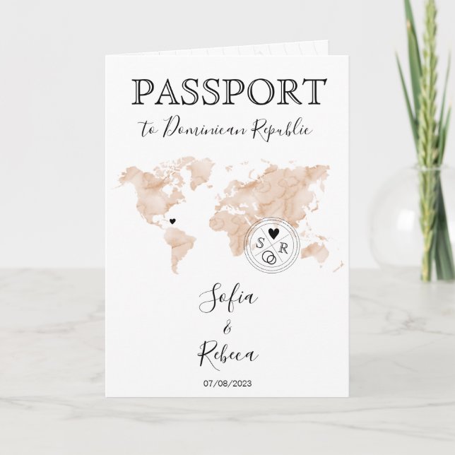 Invitación Boda Pasaporte de destino Mapa mundial de dos novi (Anverso)