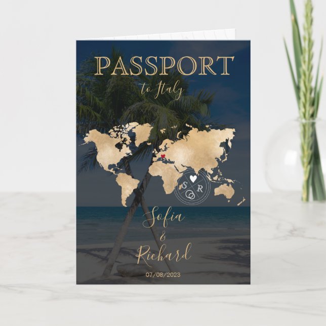 Invitación Boda Pasaporte de Destino Mapa Mundial Playa Palm (Anverso)
