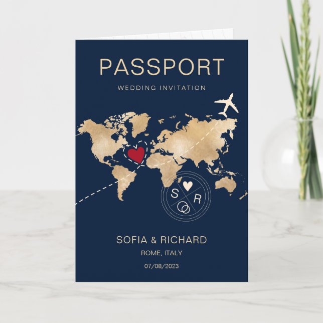Invitación Boda Pasaporte de Destino Plano Mundial de Mapa de (Anverso)