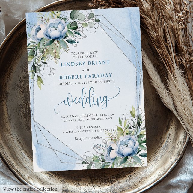 Invitación Boda Pastel Blue White Silver Peonies (Bold Pastel Blue White Silver Peonies Wedding Invitation)