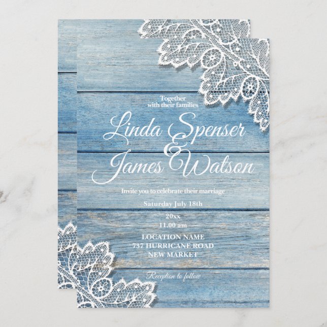 Invitación Boda Pastel Blue Wood and White Lace (Anverso / Reverso)