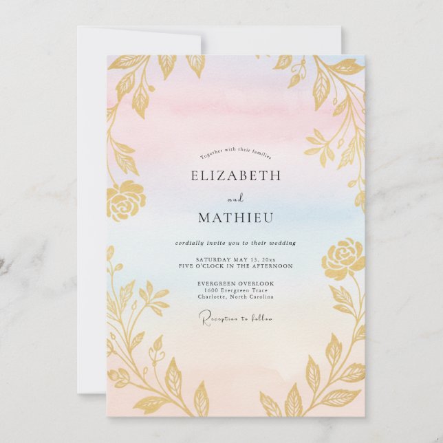 Invitación Boda Pastel con Hojas de Oro (Anverso)