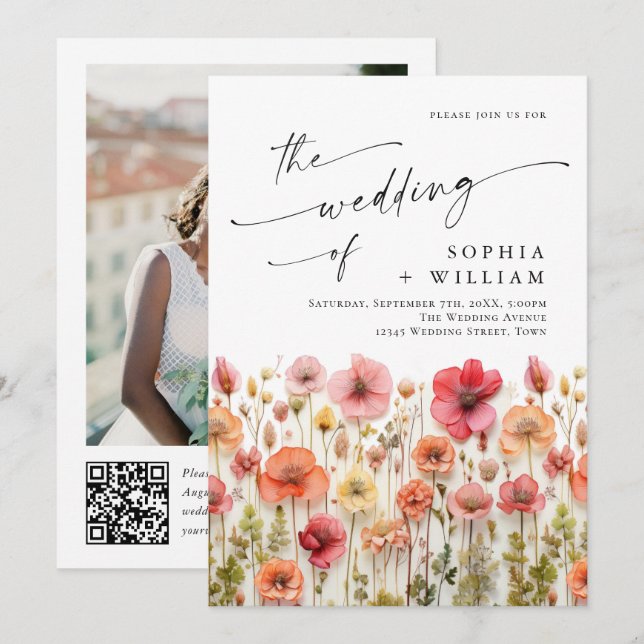 Invitación Boda Pastel de Boho Rosa Wildflowers código QR Fot (Anverso / Reverso)