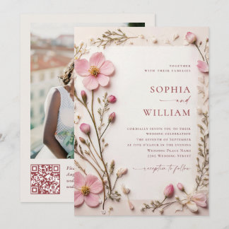 Invitación Boda Pastel de Boho Rosa Wildflowers código QR Fot