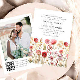 Invitación Boda Pastel de Boho Rosa Wildflowers código QR Fot