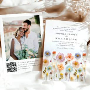 Invitación Boda Pastel de Boho Rosa Wildflowers código QR Fot