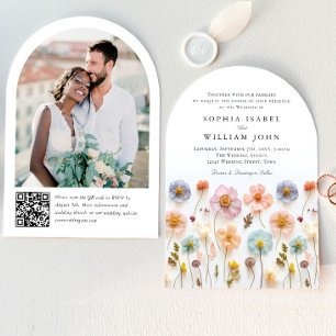 Invitación Boda Pastel de Boho Rosa Wildflowers código QR Fot
