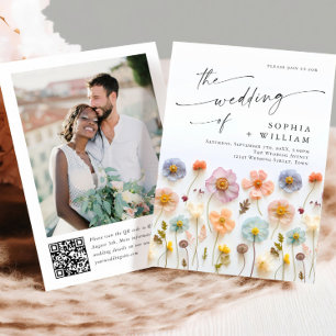 Invitación Boda Pastel de Boho Rosa Wildflowers código QR Fot