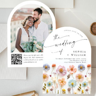 Invitación Boda Pastel de Boho Rosa Wildflowers código QR Fot