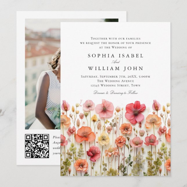 Invitación Boda Pastel de Boho Rosa Wildflowers código QR Fot (Anverso / Reverso)