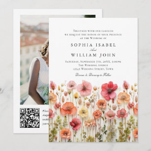 Invitación Boda Pastel de Boho Rosa Wildflowers código QR Fot