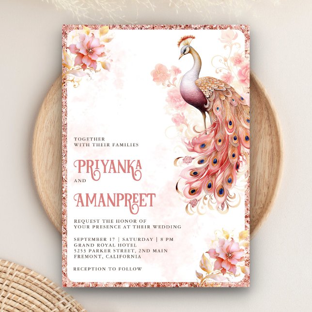 Invitación Boda Pastel de Oro Rosa Floral Indio Peacock (Subido por el creador)