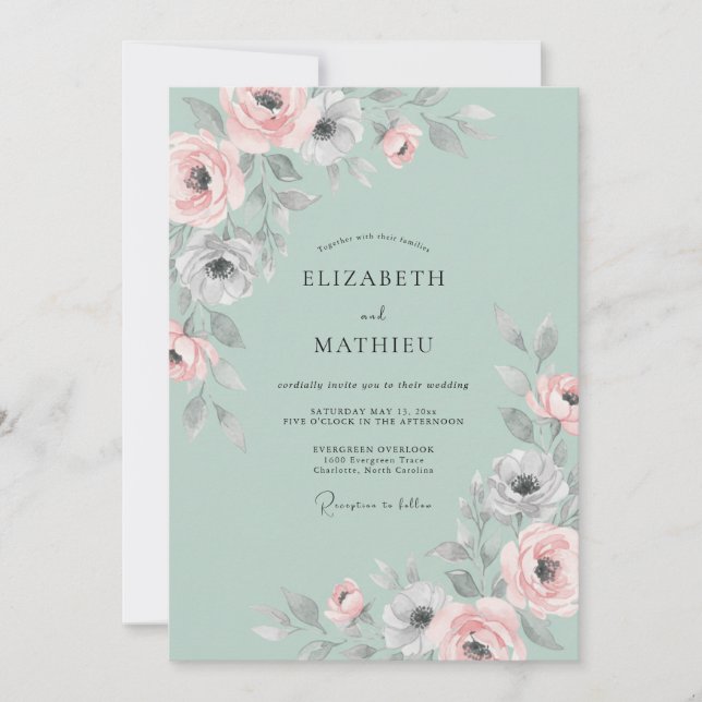 Invitación Boda Pastel de Ranunculus Eucalipto Menta (Anverso)