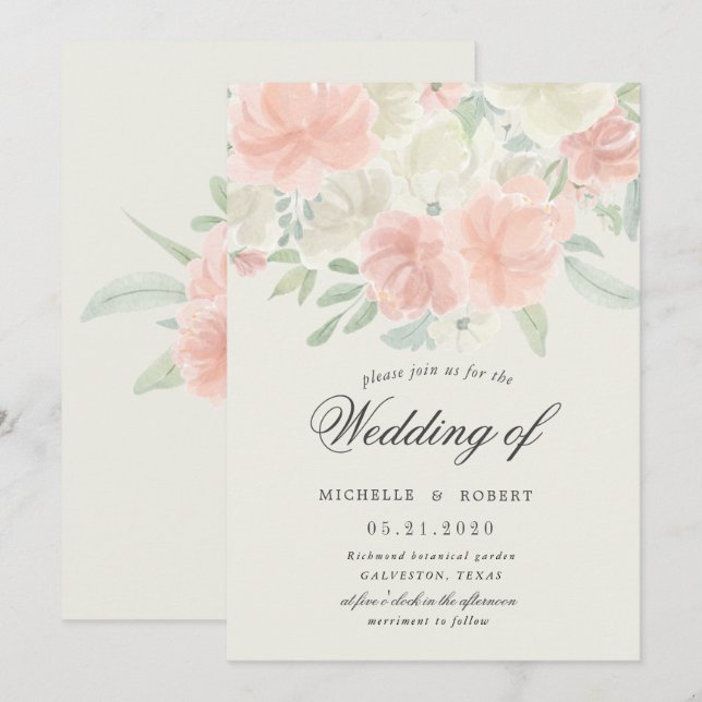 Invitación boda pastel floral de primavera clara (Anverso / Reverso)