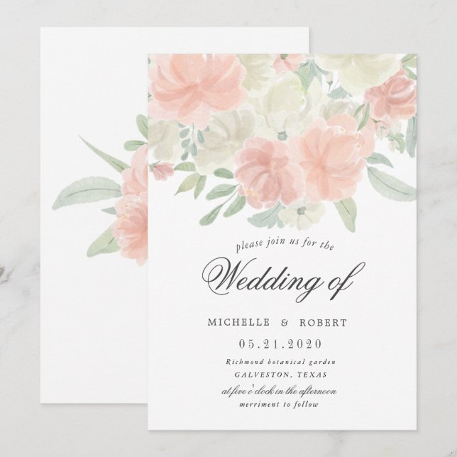 Invitación boda pastel floral de primavera clara (Anverso / Reverso)