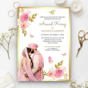 Invitación Boda Pastel Pink Floral Anand Karaj Sikh