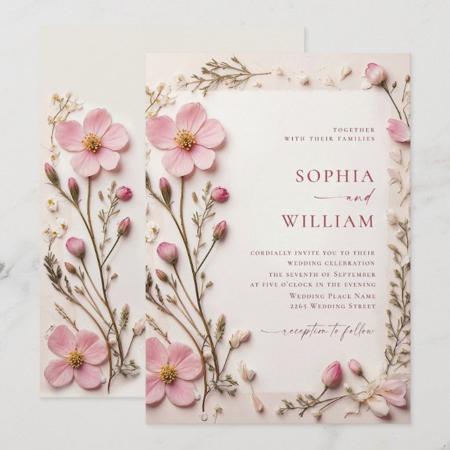 Invitación Boda Pastel Pink Rubor Boho Wildflowers (Anverso / Reverso)