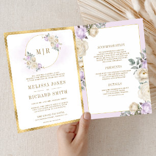 Invitación Boda Pastel Purple Marfil Floral Oro Todo en Uno