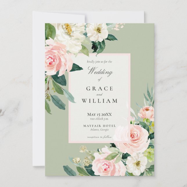Invitación Boda pastel rosa blanco y verde floral (Anverso)