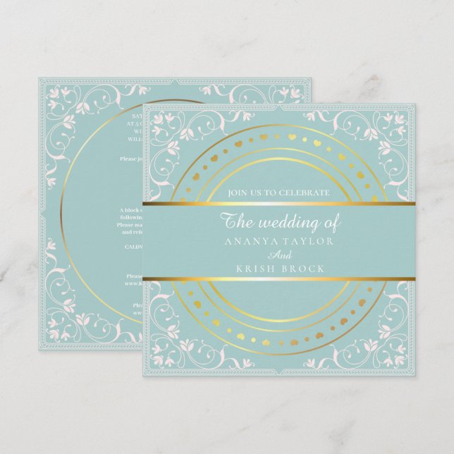 Invitación Boda Pastel Verde y Dorado  (Anverso / Reverso)